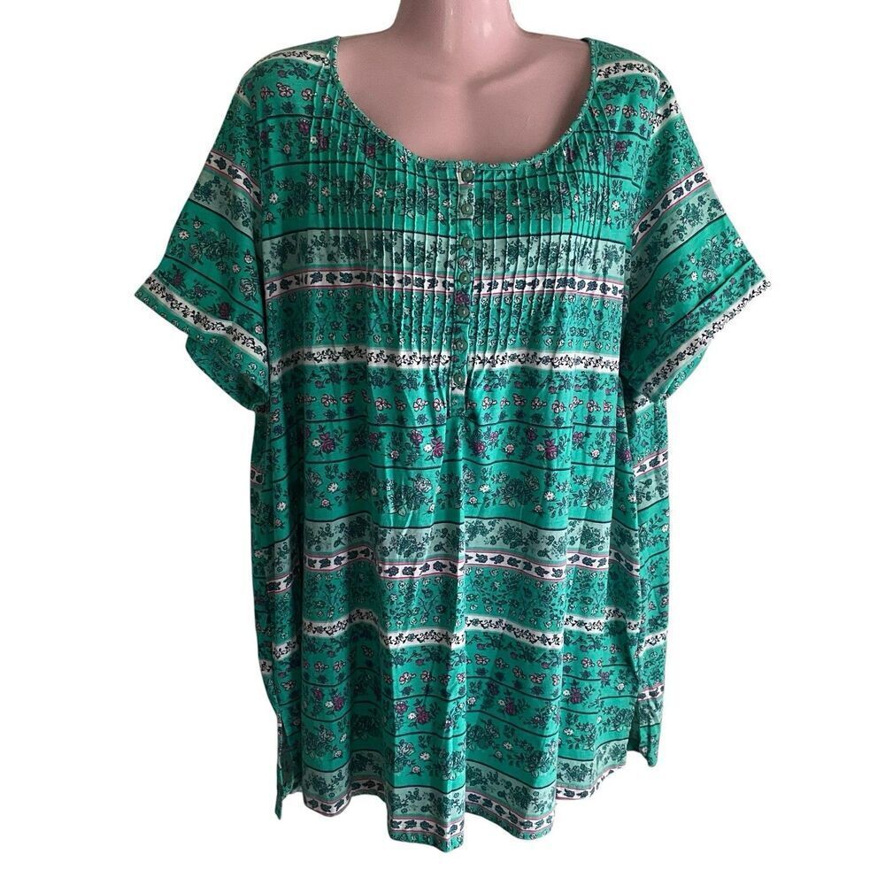 Woman Within Top 1X 22/24 Henley Tunic Pintucked Green Floral Boho Cottage